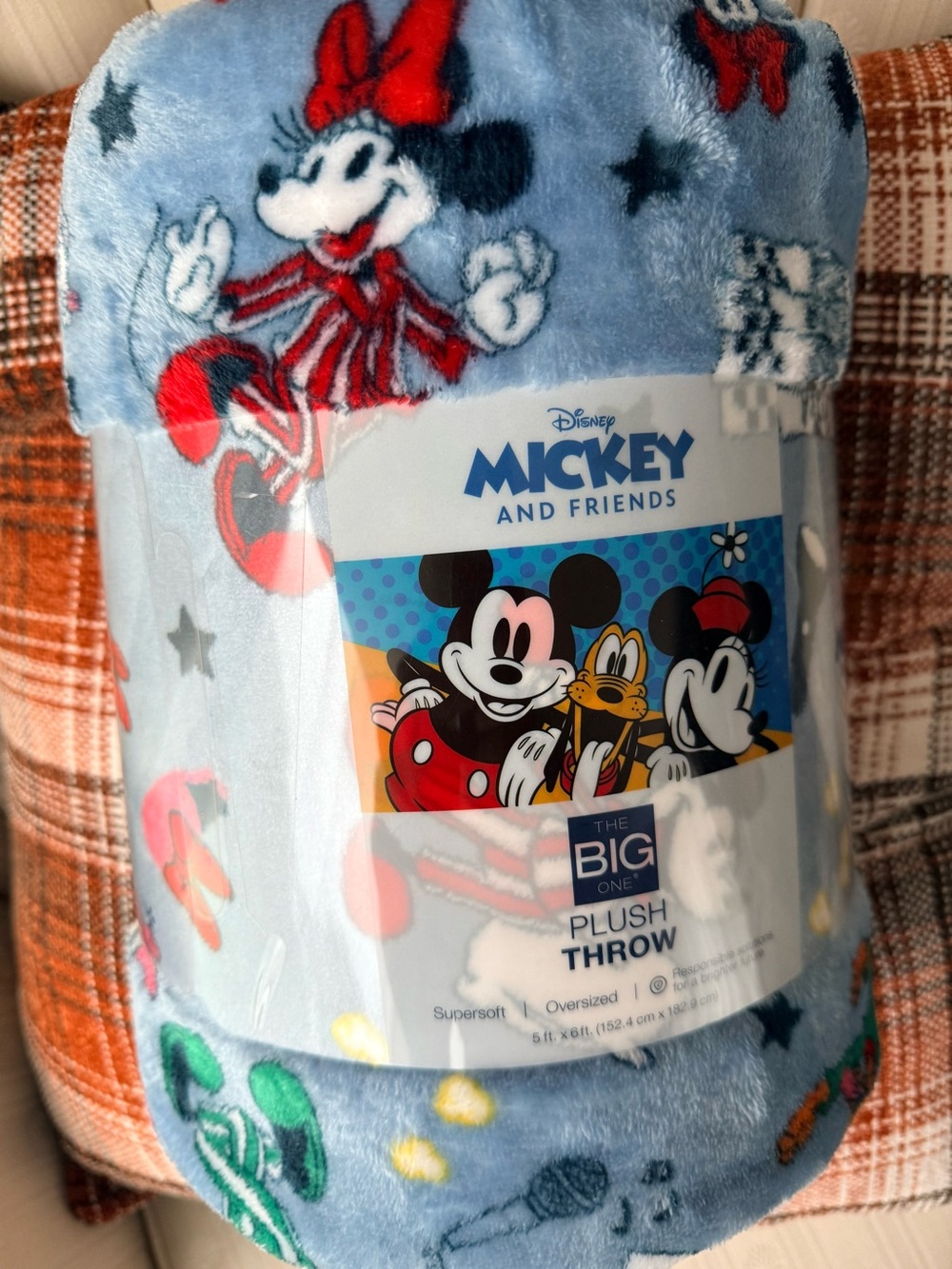 Disney Mickey and Friends Light Blue Plush Throw with Red and Green Accents